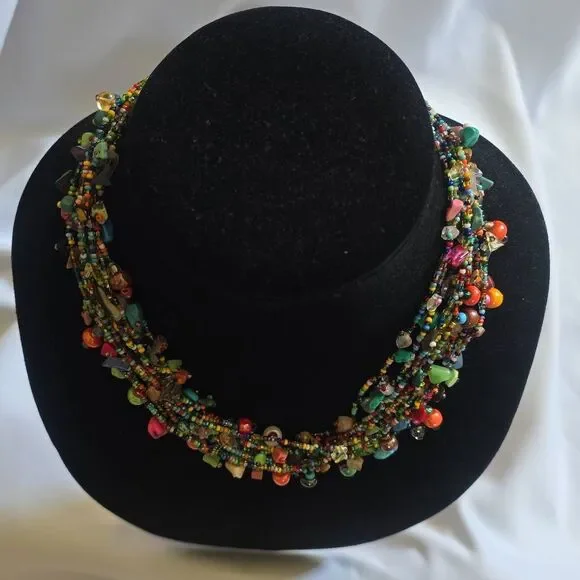 Vtg. Bohemian Beaded Necklace Artisan Rainbow Glass Beads/Semi Precious - Picture 5 of 7